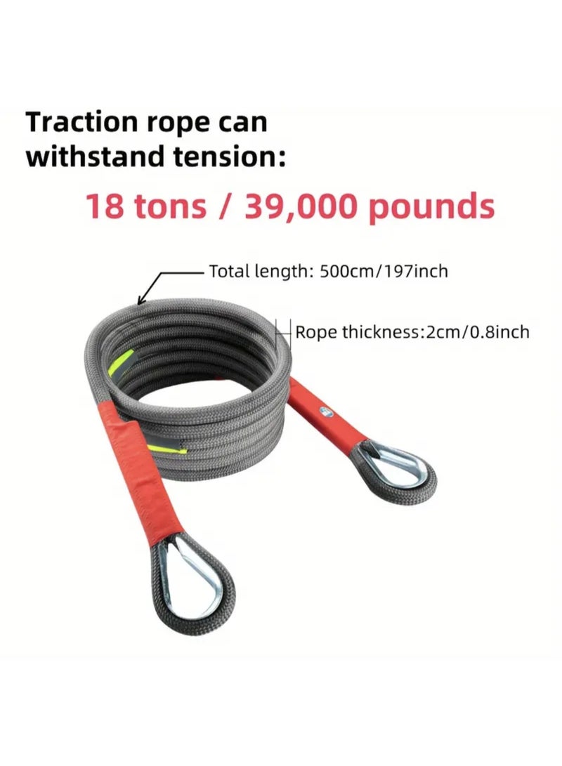 حبل سحب ثقيل بوزن 18 طن و5 أمتار - حبل سحب طارئ للسيارات وسيارات الدفع الرباعي والشاحنات مع خطاف أمان وشريط عاكس - Image 2